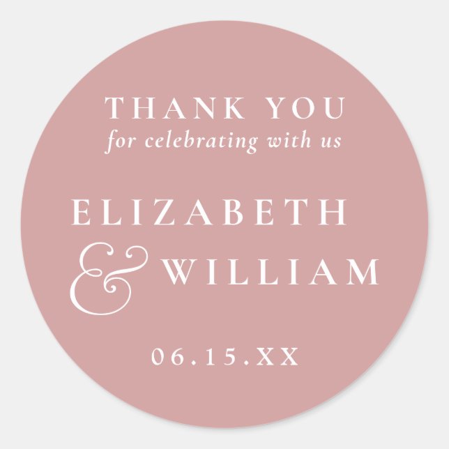 Pegatina Redonda Duste Rosa Minimalista Monograma Boda Gracias (Anverso)