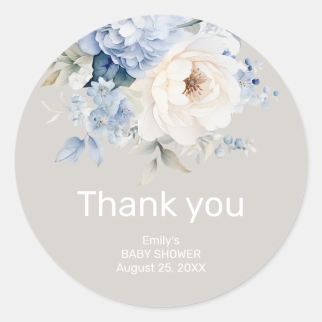 Pegatina Redonda Duste tarjeta de ducha con flores azul y blanco (Anverso)