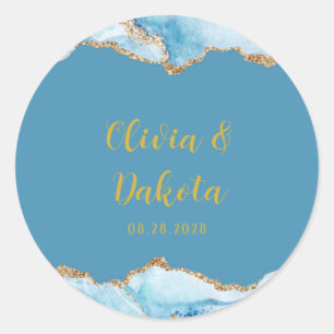 Pegatina Redonda Dusty Blue and Gold Agate Boda personalizada