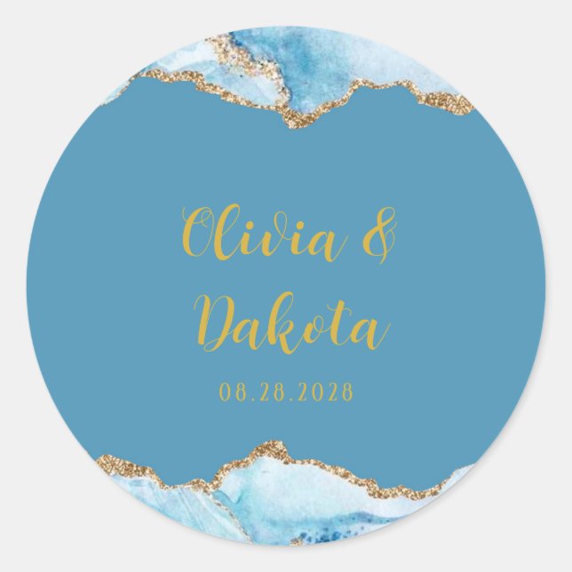 Pegatina Redonda Dusty Blue and Gold Agate Boda personalizada (Anverso)