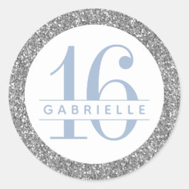 Pegatina Redonda Dusty Blue and Silver Purpurina Favor de cumpleaño