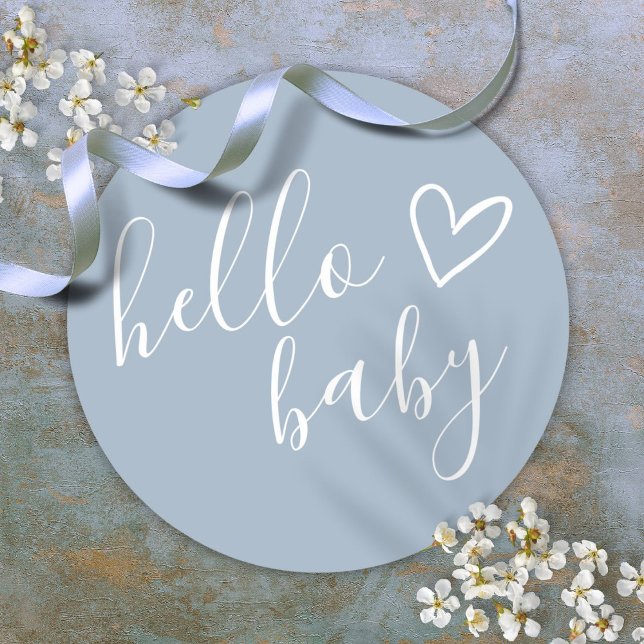 Pegatina Redonda Dusty Blue Baby Boy Hola Baby Shower (Dusty Blue Baby Boy Hello Baby Shower Classic Round Sticker)