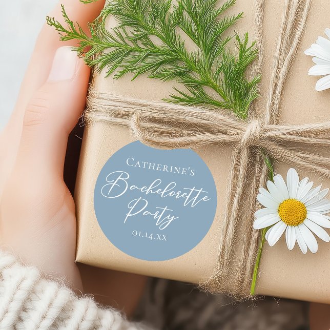 Pegatina Redonda Dusty Blue Bachelorette Party Custom White Script (Subido por el creador)