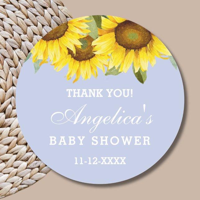 Pegatina Redonda Dusty Blue Boho Sunflower Baby Shower Gracias (Subido por el creador)
