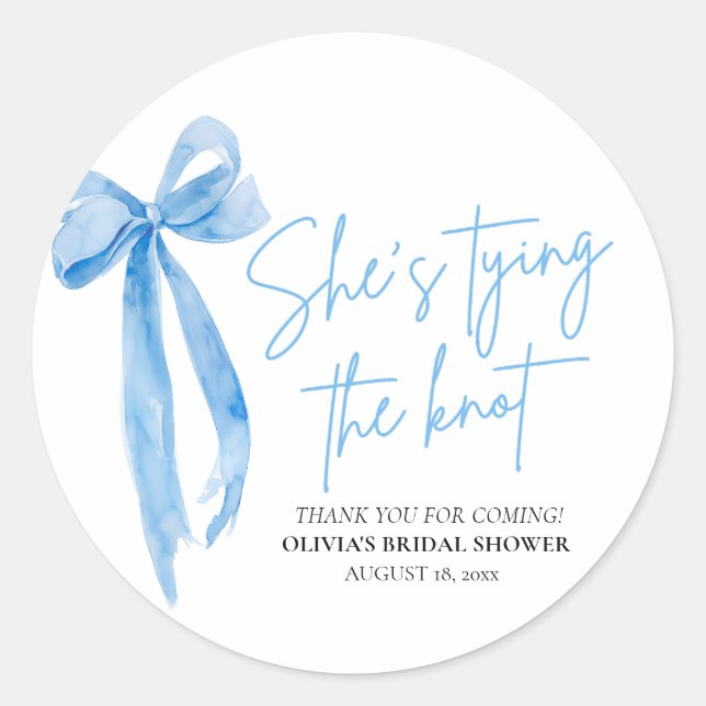 Pegatina Redonda Dusty Blue Bow está atando la ducha nupcial (Anverso)