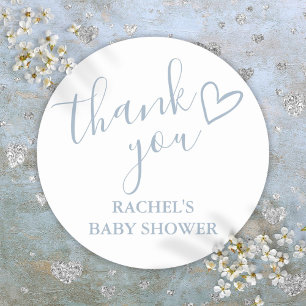 Pegatina Redonda Dusty Blue Boy Baby Shower Script Heart Gracias
