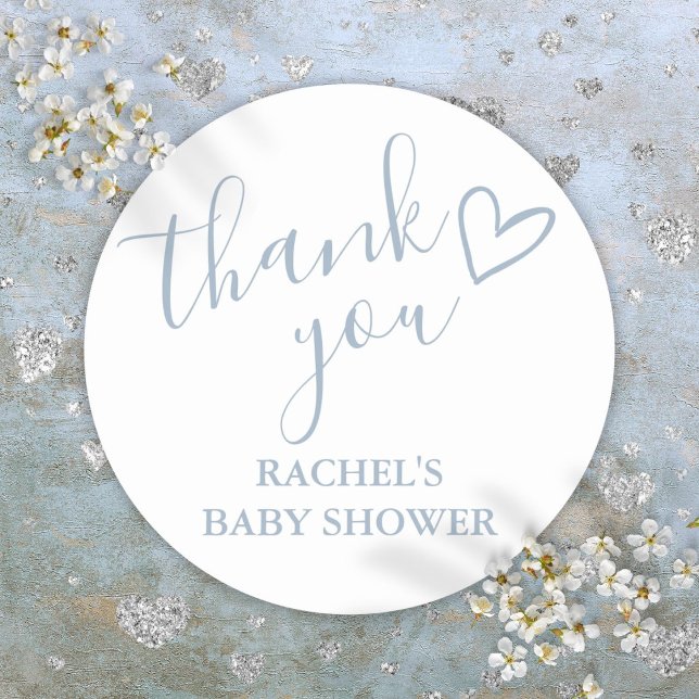 Pegatina Redonda Dusty Blue Boy Baby Shower Script Heart Gracias (Dusty Blue Boy Baby Shower Script Heart Thank You Classic Round Sticker)