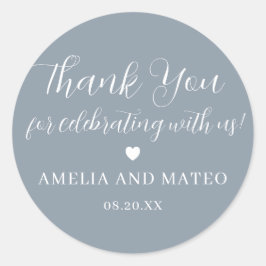 Pegatina Redonda Dusty Blue Calligraphy Boda Gracias