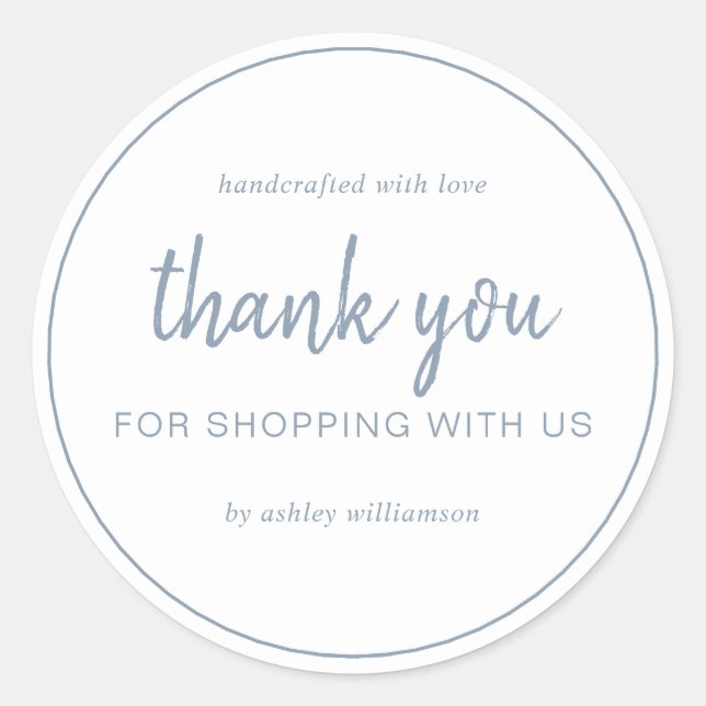 Pegatina Redonda Dusty Blue Chic Script Thank You For Shopping (Anverso)