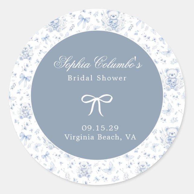 Pegatina Redonda Dusty Blue Chinoiserie Baby Shower (Anverso)