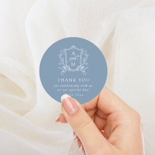 Pegatina Redonda Dusty Blue Crest Vintage Agradecimiento de Boda