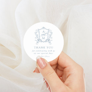Pegatina Redonda Dusty Blue Crest Vintage Agradecimiento de Boda