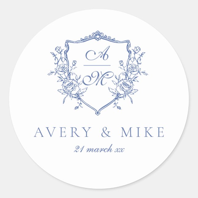 Pegatina Redonda Dusty Blue Elegant Rosas de época Escudo Boda (Anverso)