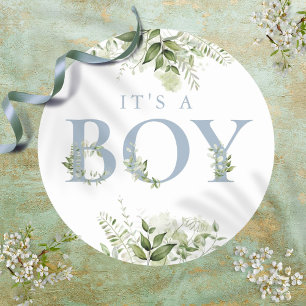 Pegatina Redonda Dusty Blue Es Un Niño Verde Floral Baby Shower
