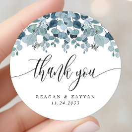 Pegatina Redonda Dusty Blue Eucalyptus Green Boda Gracias