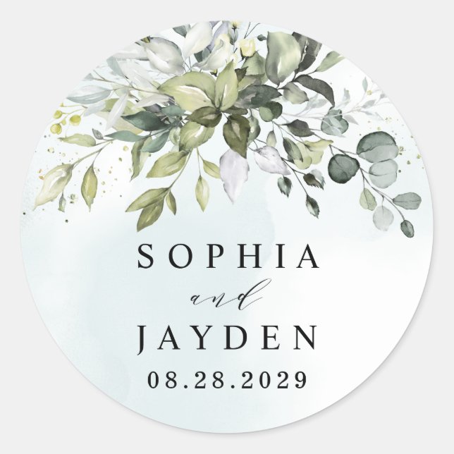 Pegatina Redonda Dusty Blue Eucalyptus Greenery Suculento Boda (Anverso)