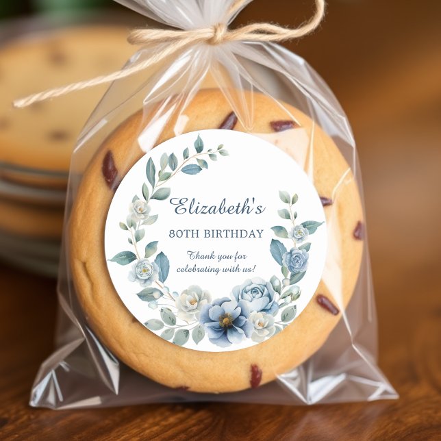 Pegatina Redonda Dusty Blue Floral Birthday Gracias (Subido por el creador)