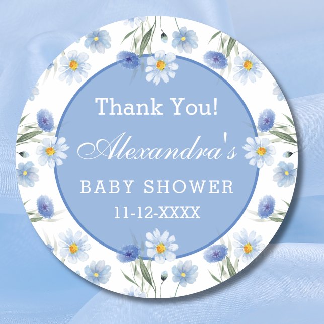 Pegatina Redonda Dusty Blue Floral Boho Baby Shower Gracias (Subido por el creador)