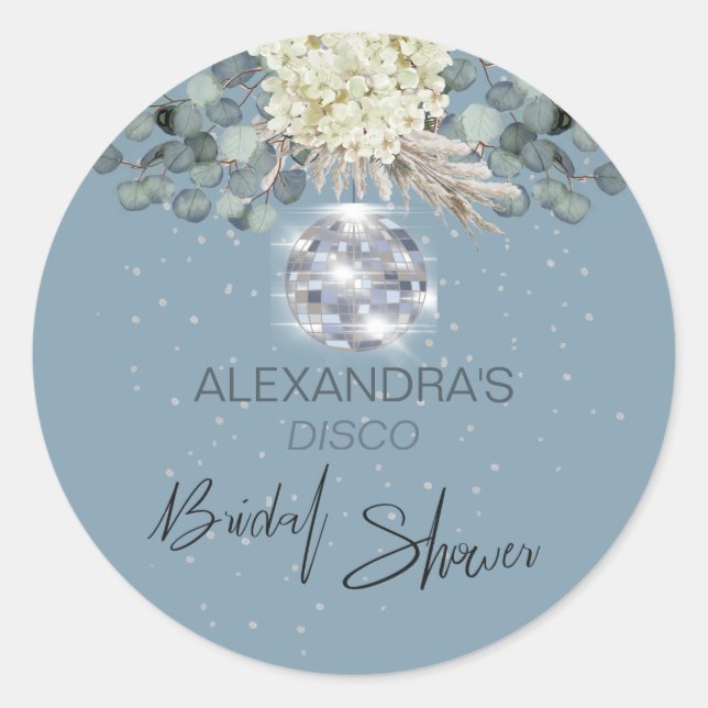 Pegatina Redonda Dusty Blue Floral Disco Ball Bridal Shower (Anverso)
