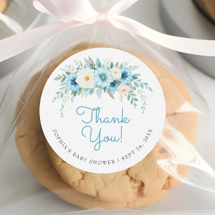 Pegatina Redonda Dusty Blue Floral Elegante Baby Shower Gracias