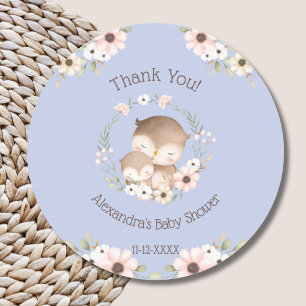 Pegatina Redonda Dusty Blue Floral Forest Owl Baby Shower Gracias