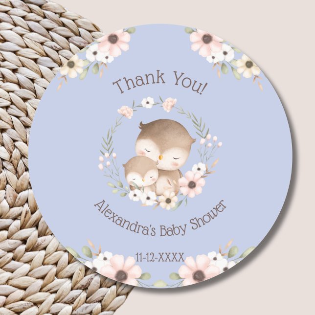 Pegatina Redonda Dusty Blue Floral Forest Owl Baby Shower Gracias (Subido por el creador)