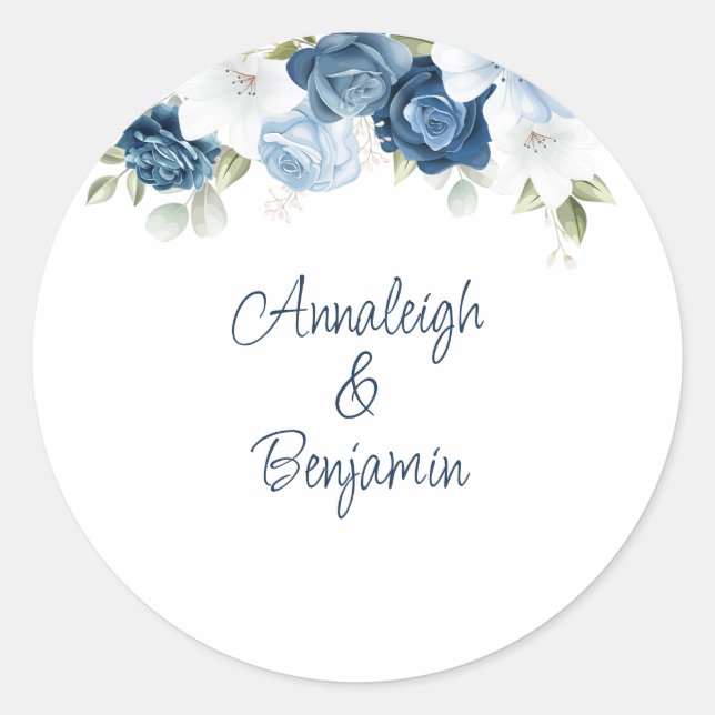 Pegatina Redonda Dusty Blue Floral Greenery Boda Personalizado (Anverso)