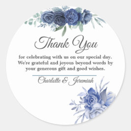 Pegatina Redonda Dusty Blue Floral Watercolor Boda Gracias