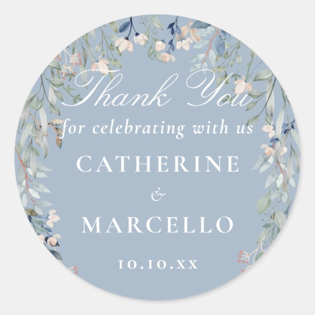 Pegatina Redonda Dusty Blue Floral Wedding Favor Gracias (Anverso)