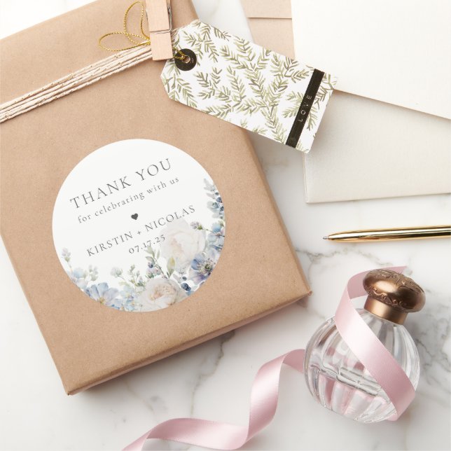 Pegatina Redonda Dusty Blue Garden Boda Floral Gracias (Regalar)