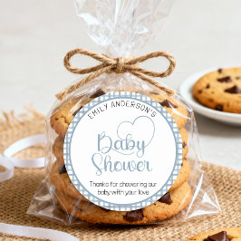 Pegatina Redonda Dusty Blue Gingham Baby Shower Favor Sticker