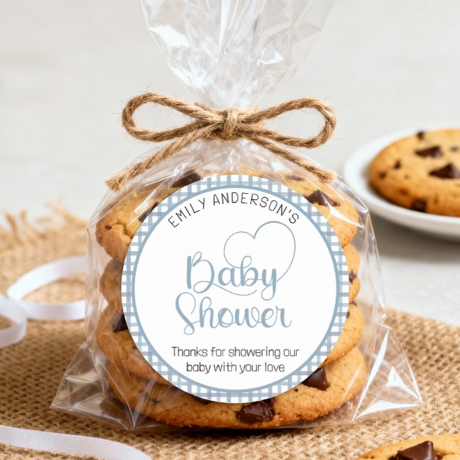Pegatina Redonda Dusty Blue Gingham Baby Shower Favor Sticker (Baby Shower Sticker)
