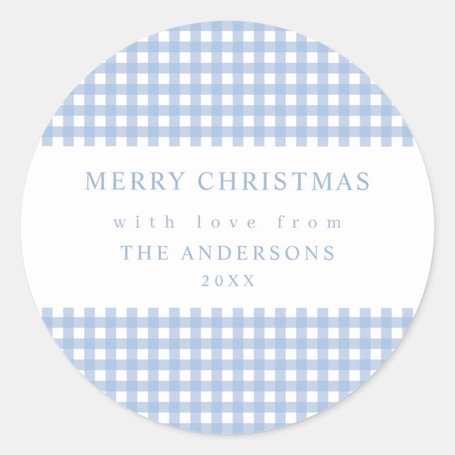 Pegatina Redonda Dusty Blue Gingham Christmas (Anverso)