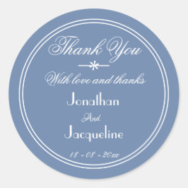 Pegatina Redonda Dusty Blue Gracias Script Llama Boda Rústico