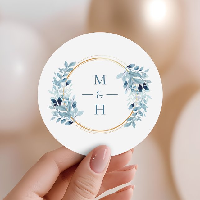 Pegatina Redonda Dusty Blue Greenery Modern Monogram Wedding (Subido por el creador)