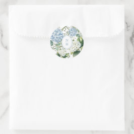 Pegatina Redonda Dusty Blue Hydrangea Wedding Monogram