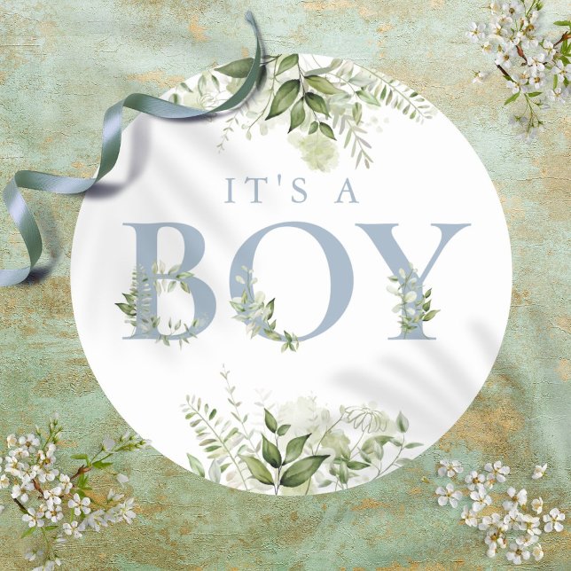 Pegatina Redonda Dusty Blue It A Boy Greeneration Floral Baby Showe (Dusty Blue Its A Boy Greenery Floral Baby Shower Classic Round Sticker)
