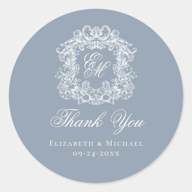 Pegatina Redonda Dusty Blue Monogram Wedding Crest Thank You (Anverso)