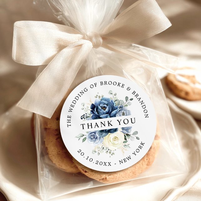 Pegatina Redonda Dusty Blue Navy Champagne Boda de marfil (Dusty Blue Navy Champagne ivory Wedding Thank you Classic Round Sticker)