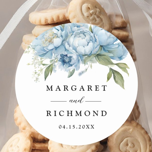 Pegatina Redonda Dusty Blue Peony Elegant Watercolor Boda (Subido por el creador)