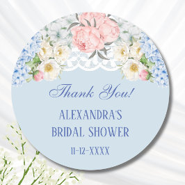 Pegatina Redonda Dusty Blue Peony Hydrangea Bridal Shower