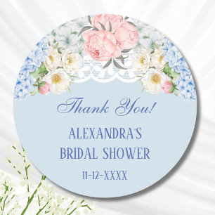 Pegatina Redonda Dusty Blue Peony Hydrangea Bridal Shower