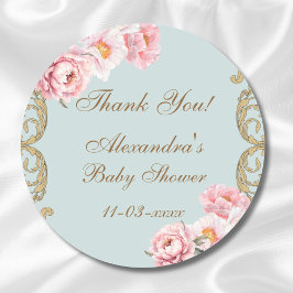 Pegatina Redonda Dusty Blue Rococo Floral Baby Shower Gracias