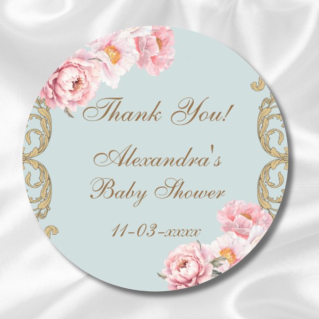 Pegatina Redonda Dusty Blue Rococo Floral Baby Shower Gracias (Subido por el creador)