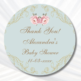 Pegatina Redonda Dusty Blue Rococo Peony Baby Shower Gracias