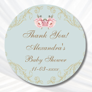 Pegatina Redonda Dusty Blue Rococo Peony Baby Shower Gracias