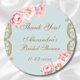 Pegatina Redonda Dusty Blue Rococo Peony Bridal Shower