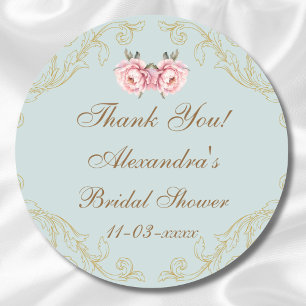 Pegatina Redonda Dusty Blue Rococo Peony Bridal Shower