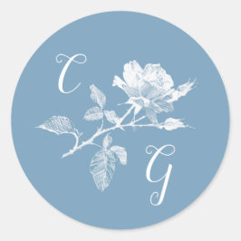 Pegatina Redonda Dusty Blue Rose Line Art Monogram Wedding
