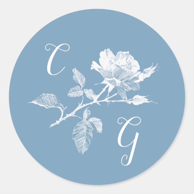 Pegatina Redonda Dusty Blue Rose Line Art Monogram Wedding (Anverso)